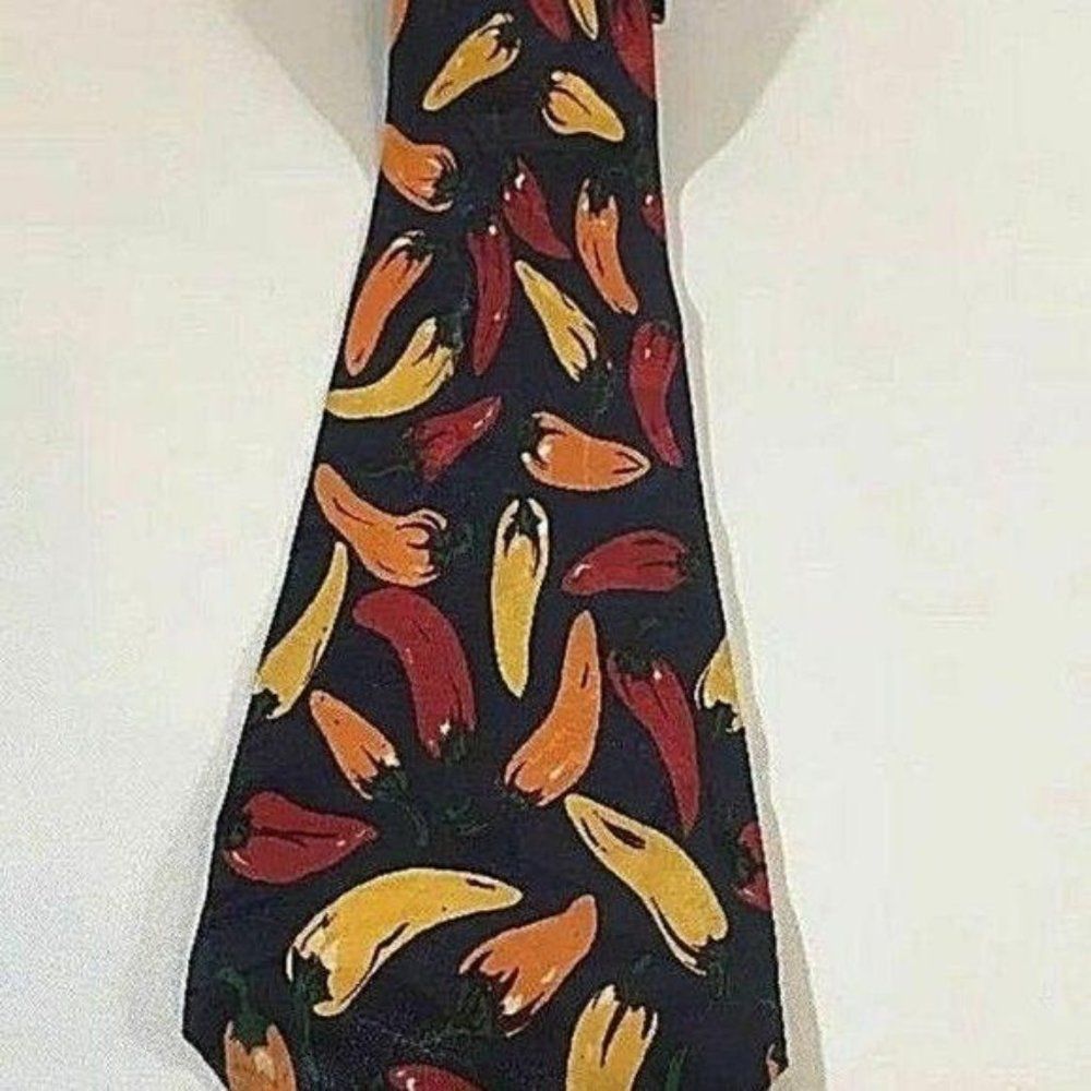 Vintage Silk Chili Pepper Necktie Navy Blue Red‎ Hot Peppers Novelty Chef Tie
